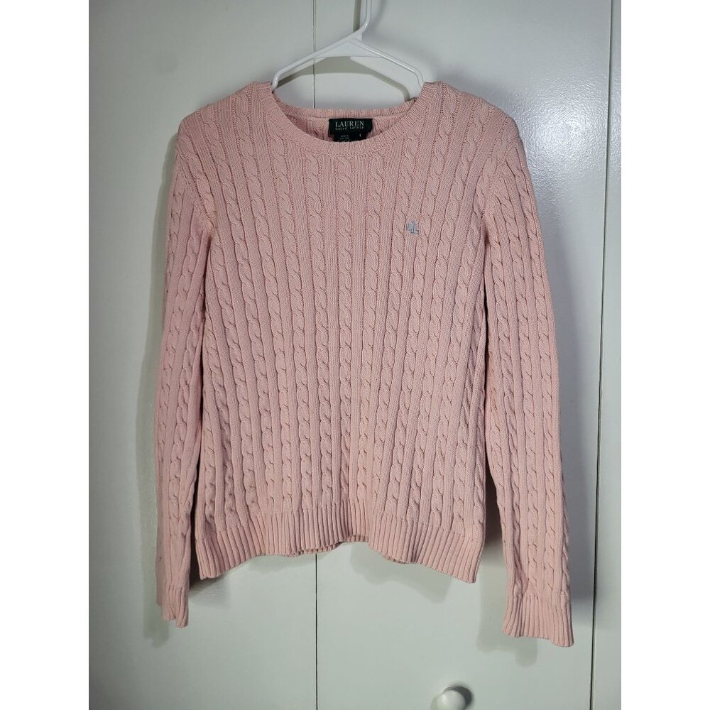 Lauren Ralph Lauren Womens L Cable Knit Old Money Sweater Preppy Academia Pink - Picture 2 of 10